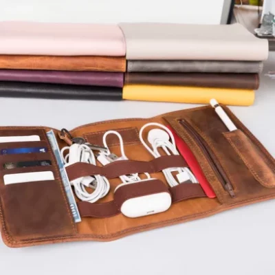 Handmade Leather Charger and Cable Organizer Bag