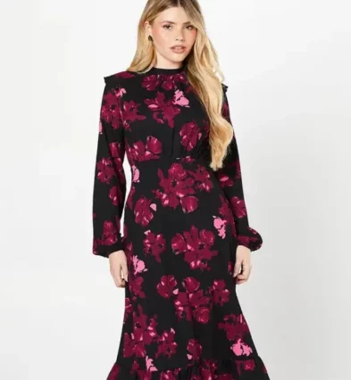 Pink Floral Ruffle Hem Long Sleeve Midi Dress_converted