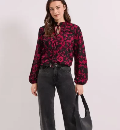 Pink Floral Tie Neck Detail Blouson Sleeve Jersey Top_converted