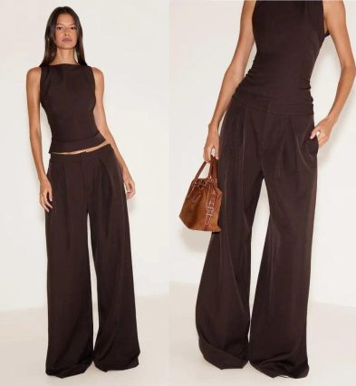 PrettyLittleThing Dark Brown Woven Tailored Wide Leg Trousers Co-ord