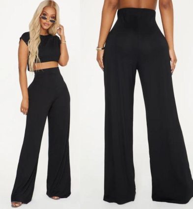 PrettyLittleThing Shape Black Jersey Wide Leg Trousers