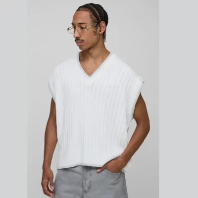 boohooMAN Embroidered Oversized V Neck Rib Knitted Sweater Vest